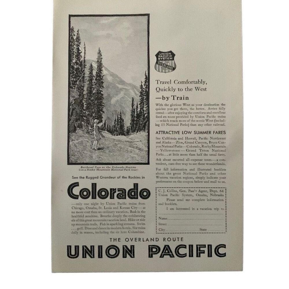 Vintage 1930 Union Pacific Colorado Ad Advertisement